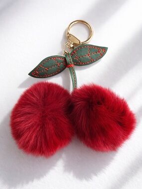Faux Fur Cherry Pom Keychain - Red